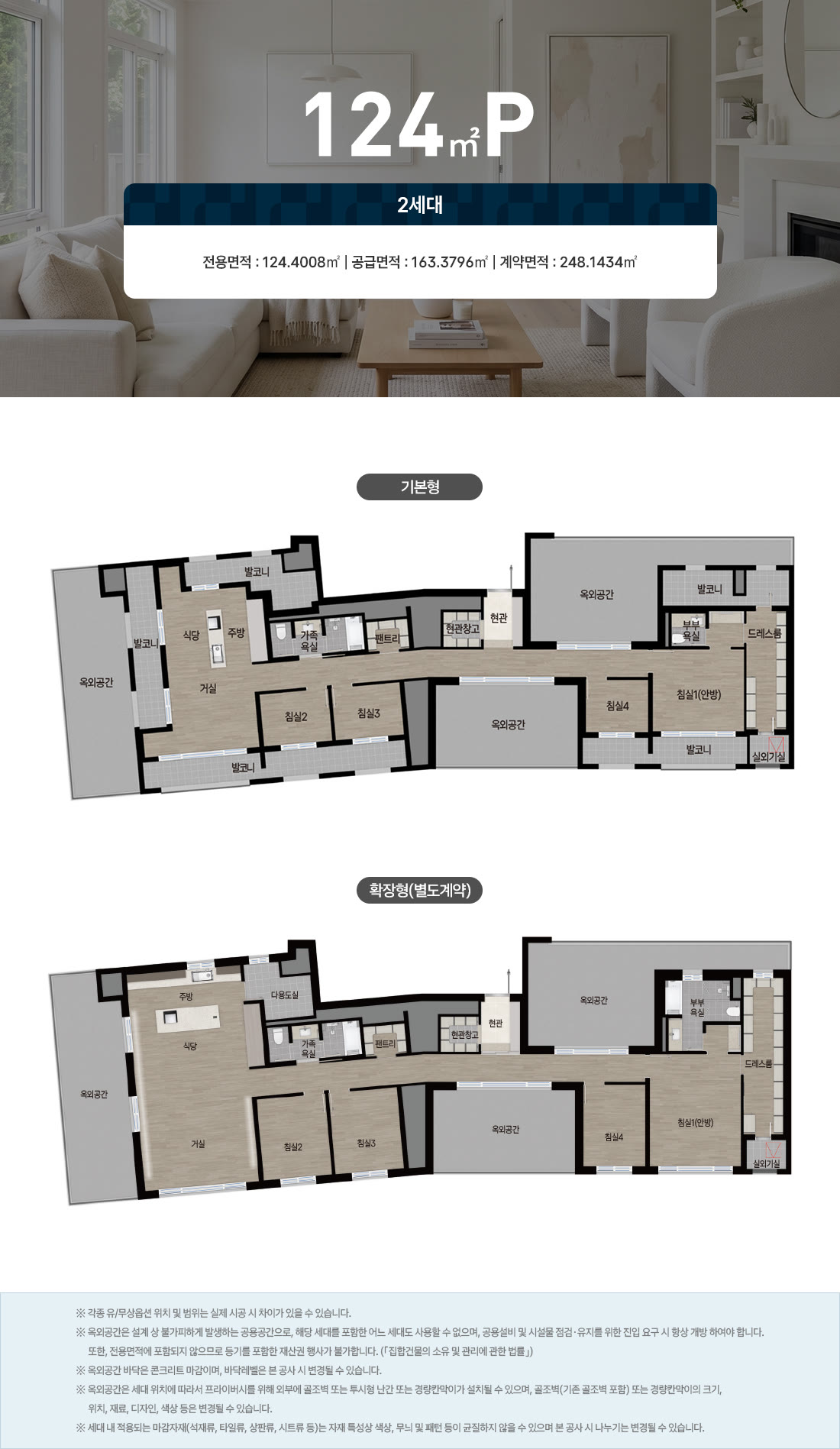 주택형 평면도 124㎡P — 2세대 (기본형·확장형)